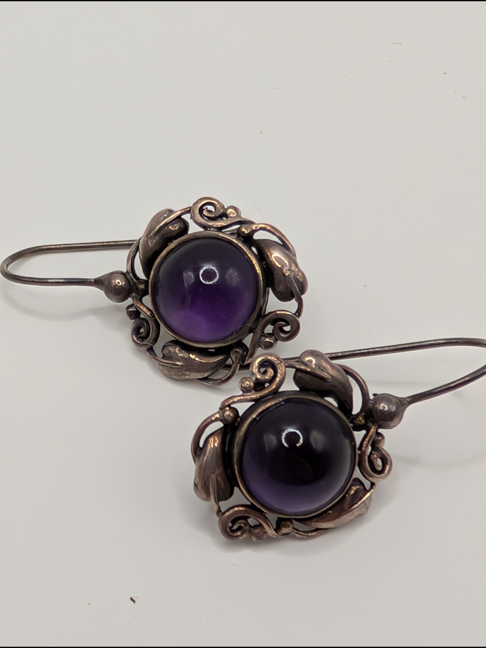 Vintage BOMA 925 Sterling Silver Purple Cabochon Floral Scroll Earrings